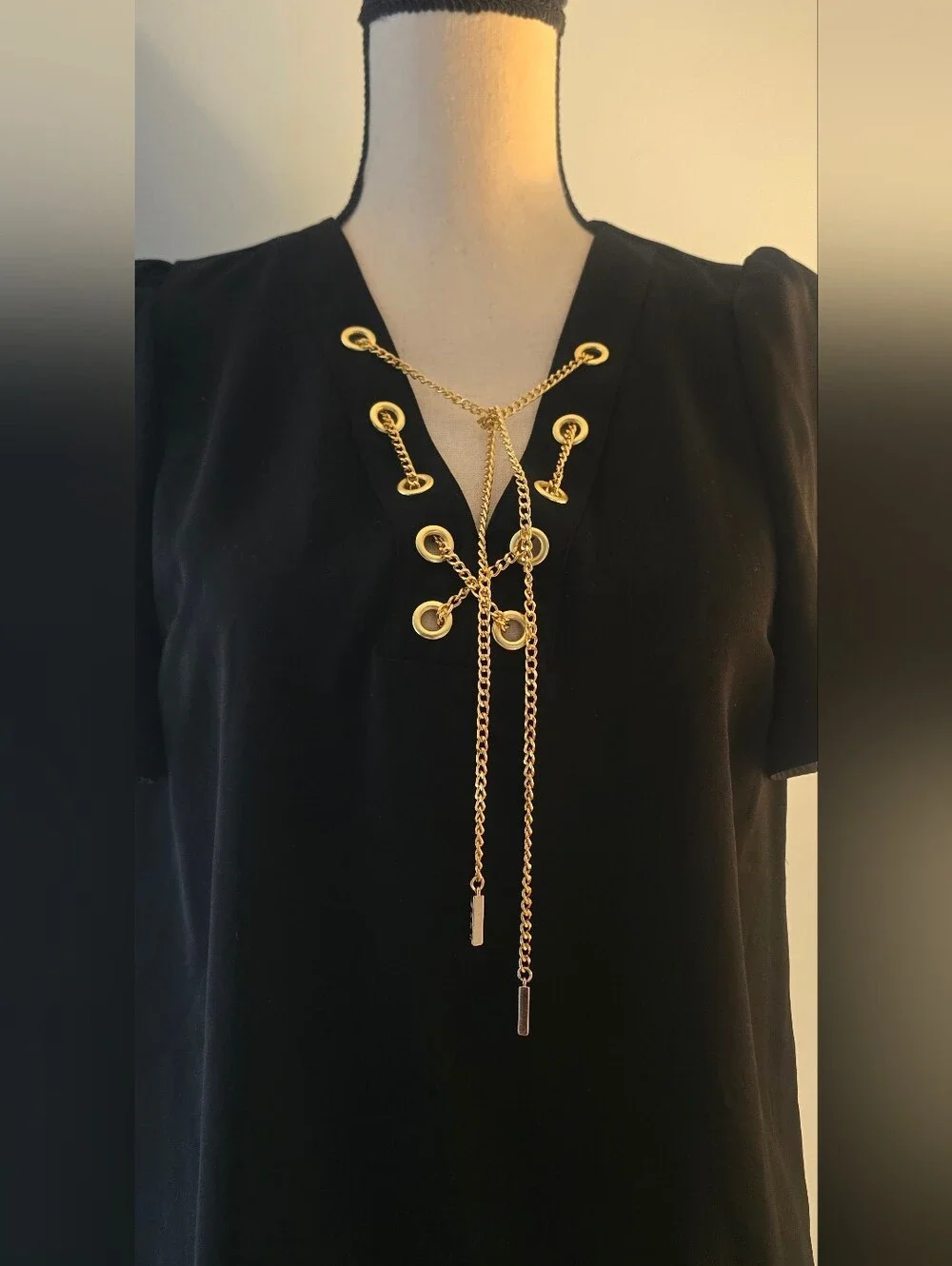 Michael Kors Black Blouse with Gold Chain Detail